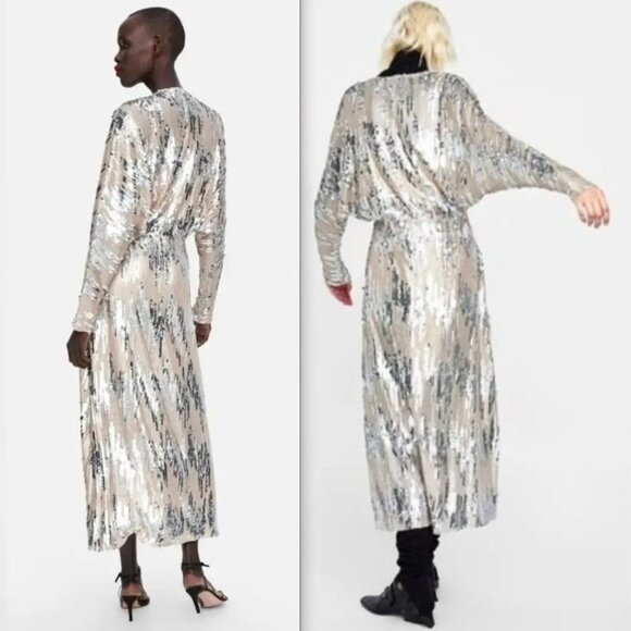 ZARA SILVER SEQUIN Glam Midi DRESS Gown 2878/467 Maxi Evening Holiday Party NWT - Picture 5 of 8